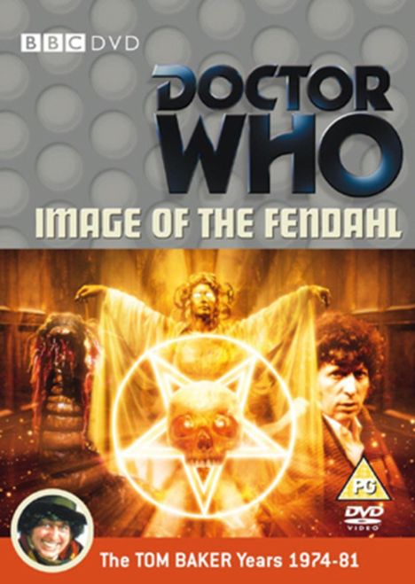 „DOCTOR WHO: IMAGE OF THE FENDAHL“, ein leuchtender Schädel mit einem Pentagramm, daneben eine nachdenkliche Figur.