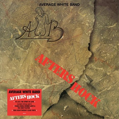 "AFTERSHOCK" und "AVERAGE WHITE BAND" auf einer erdigen, rissigen Oberfläche mit großem Logo und rotem Text.