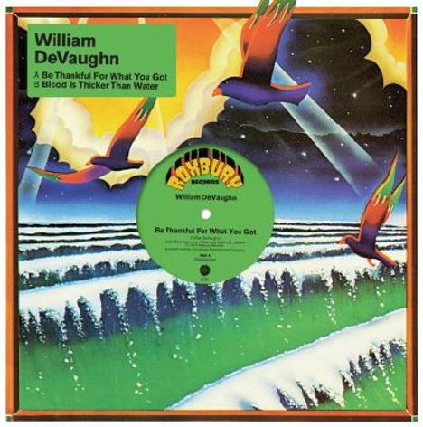 Text: "William DeVaughn", "Be Thankful For What You Got". Illustration: bunte Vögel fliegen über eine Landschaft mit Wasserfällen.