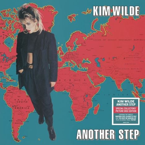 Cover-Text: "Kim Wilde, Another Step." Zwei rote Vinyl-Schallplatten mit Weltkartenmotiv in Rot und Blau.