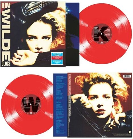 Die Texte im Bild sind: "KIM WILDE CLOSE". Gezeigt wird ein Albumcover mit roter Vinyl-Schallplatte.