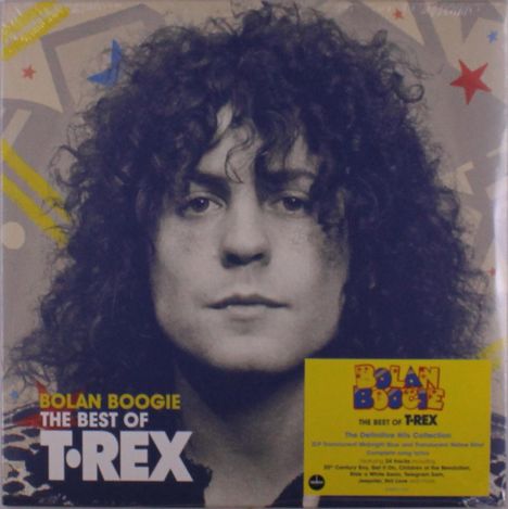 "Bolan Boogie, The Best of T. Rex." Schwarz-weißes Porträt mit lockigem Haar. Hintergrund mit bunten Sternen.