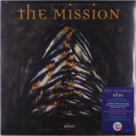 Text: "The Mission", "Blue". 

Ein dunkles, gemaltes Fischarrangement in Dreiecksform.