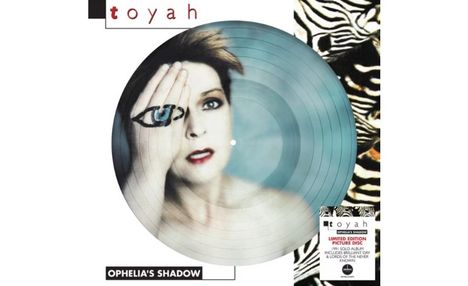 "toyah", "OPHELIA'S SHADOW", "LIMITED EDITION PICTURE DISC". Frau mit aufgemaltem Auge auf der Hand, Zebra-Muster.