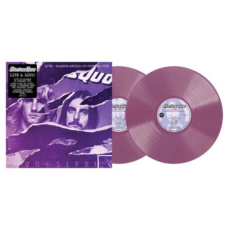 "Live! Glasgow Apollo 29 October 1976." Zwei lila Schallplatten mit einem Cover in Lila und Weiß, rockiger Stil.