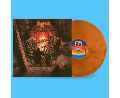 Covertext: "Magnum On a Storyteller's Night". Illustration: Leute um ein Kaminfeuer. Orangefarbene Vinyl-Schallplatte.