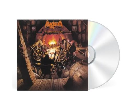 „Magnum“, „On a Storyteller's Night“. Illustration: Personen sitzen um ein Feuer in einer rustikalen Taverne. CD daneben.