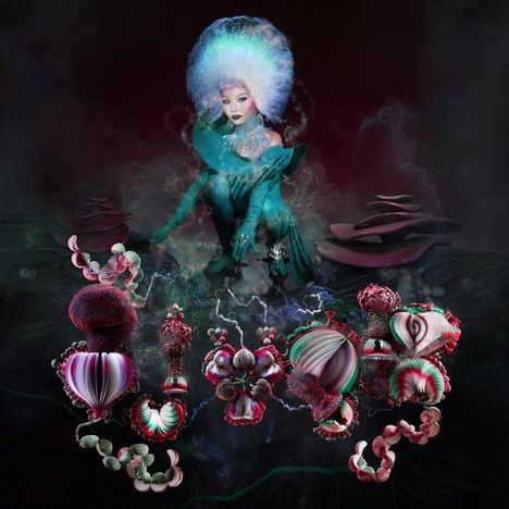 Diese Illustration zeigt eine Person mit weißem Haar und einem aufwendigen, futuristischen Outfit, umgeben von fantastischen Pflanzen.