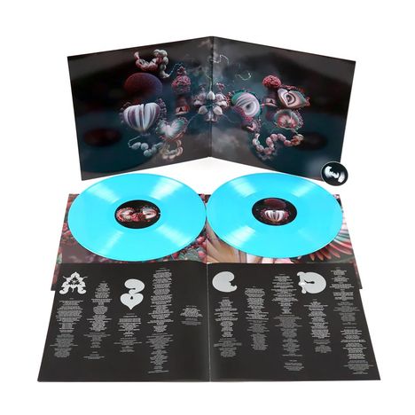 Zwei Vinyl-Schallplatten mit kleingedruckten Texten auf den Innenhüllen. Im Hintergrund ist eine surreale Illustration.