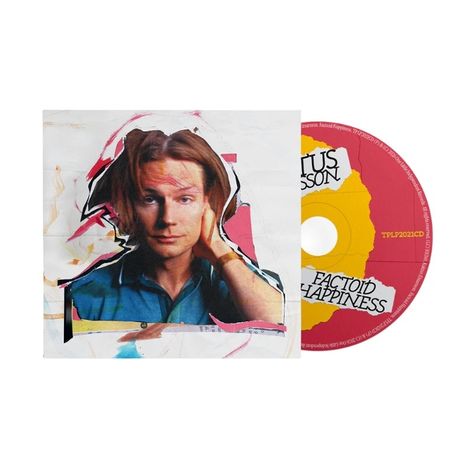 „FACTOID HAPPINESS“, „RUFUS HOSSA“. Ein Mann mit langen Haaren in blauem Hemd, Hand am Kopf, bunt umrissene Collage.