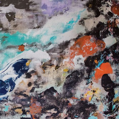 Abstrakte Malerei mit lebendigen Farben: Türkis, Orange, Lila und Schwarz in dynamischen, verwirbelten Formen.