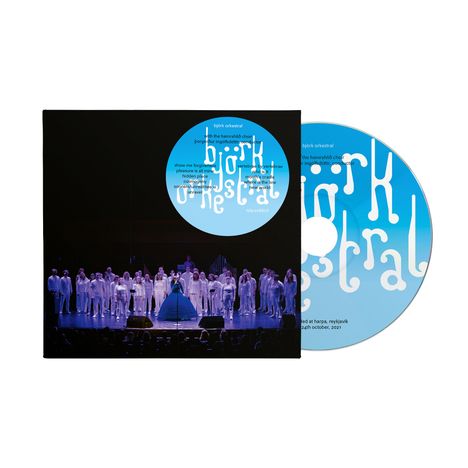 Cover mit Texten: "björk orkestral", Konzertdetails und Songliste. Darunter bühnenhaftes Foto mit Chor in weißen Outfits.