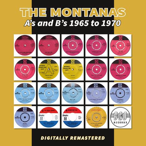 THE MONTANAS, A’s and B’s 1965 to 1970, 20 Schallplatten-Cover in einem Raster, unten: DIGITALLY REMASTERED.