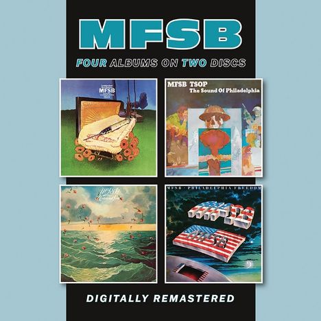 MFSB: Vier Alben auf zwei CDs. Digitally Remastered. Vier Albumcover mit bunten, künstlerischen Designs.