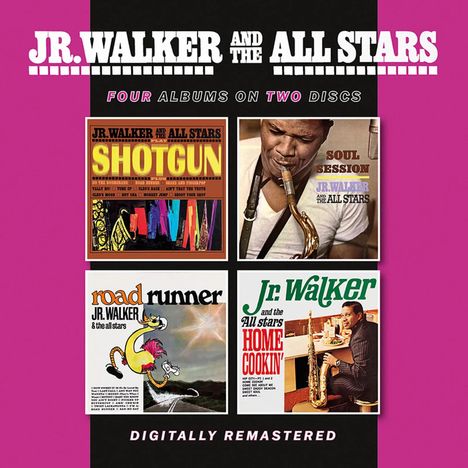 "Jr. Walker and the All Stars. Four albums on two discs. Digitally remastered." Vier Alben-Cover mit Saxophonist.