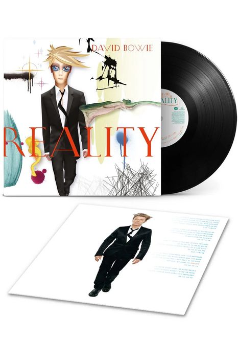 "REALITY" und "DAVID BOWIE" in großer Schrift. Eine Illustration zeigt eine stilisierte Figur im Anzug mit auffallenden Augen.