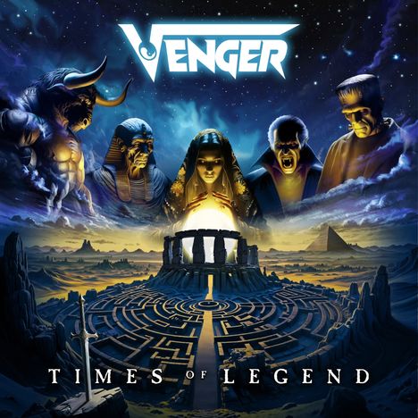 "Venger", "Times of Legend", epische Landschaft mit Labyrinth, imposante Figuren und Pyramide, geheimnisvolle Atmosphäre.
