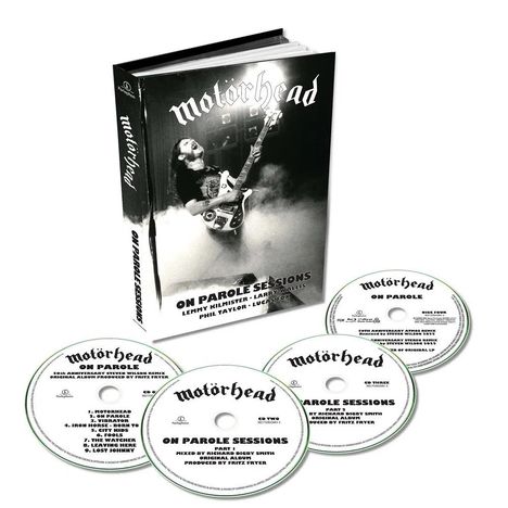 Motörhead "On Parole Sessions" Buch und vier CDs mit Bandmitgliedernamen und Tracklists. Musiker auf der Bühne mit Gitarre.