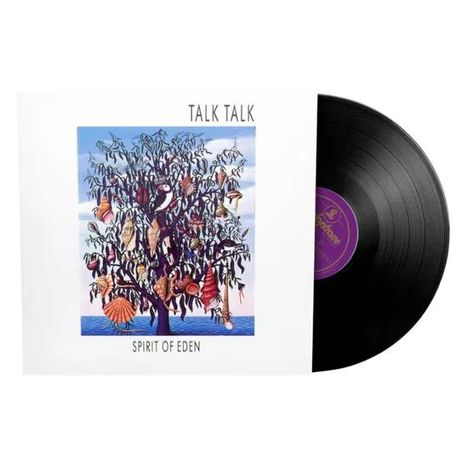 "Talk Talk" und "Spirit of Eden" sind zu lesen. Eine Vinyl-Schallplatte schaut aus einem Cover mit einem Baum voller Muscheln.