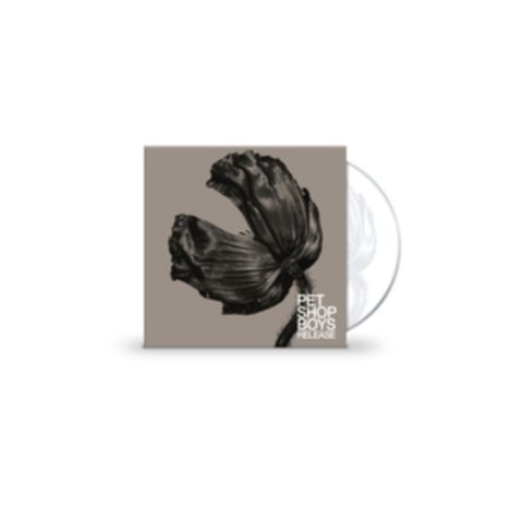 Text: "PET SHOP BOYS RELEASE". Schwarze Blume auf grauem Hintergrund, CD-Hülle leicht sichtbar.