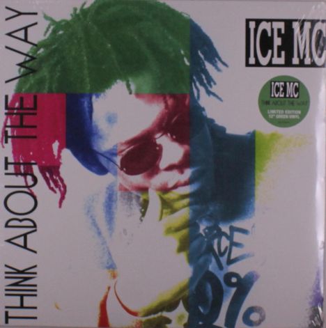 "Think About The Way", "ICE MC", bunte Fotocollage einer Person mit Sonnenbrille, Dreadlocks, Nachdenkpose.