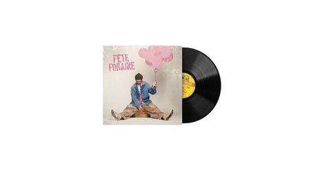 Text: "FETE FORAINE". Illustration: Ein Mann sitzt mit rosa Luftballons. Schallplatte daneben.