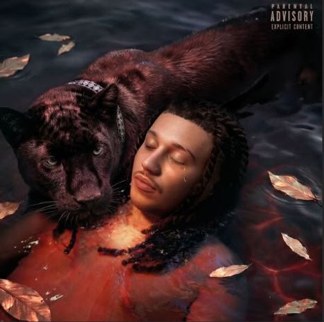 "Parental Advisory Explicit Content" in der Ecke. Ein Mann und ein schwarzer Panther treiben entspannt im Wasser mit Blättern. 