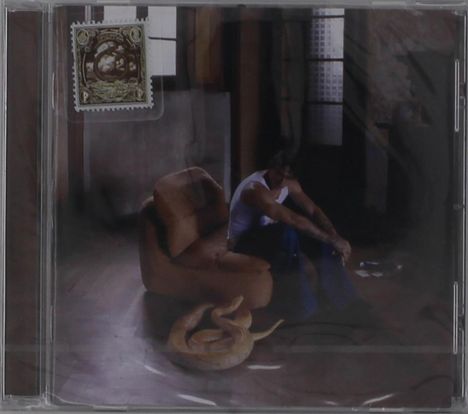 Ein brauner Sessel in einem dunklen Raum, ein Mann sitzt nachdenklich darauf, eine Schlange liegt auf dem Boden.