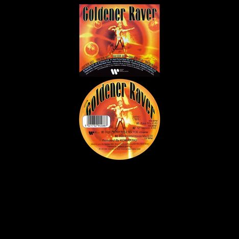 "Goldener Raver", oben ein Cover, unten eine CD. Orange und gelbes Design mit tanzender Figur. Remixed by KOMAKINO.