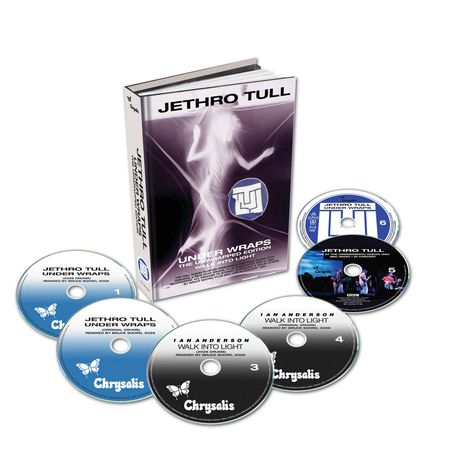Jethro Tull Buch und sechs CDs mit Titeln "Under Wraps" und "Walk into Light", Chrystalis Logo auf CDs.