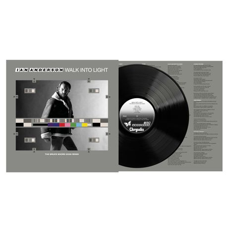 Text: "IAN ANDERSON WALK INTO LIGHT THE BRUCE SOORD 2026 REMIX." Links Schwarz-Weiß-Foto eines Mannes. Rechts Vinyl-Schallplatte.