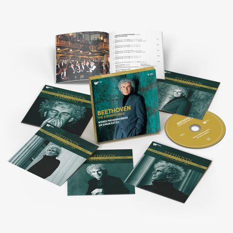 Covertexte: "BEETHOVEN THE 9 SYMPHONIES", "WIENER PHILHARMONIKER", "SIR SIMON RATTLE". CDs und Booklet sichtbar.