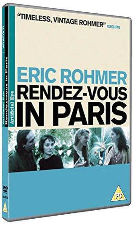 Titel: "Rendez-vous in Paris" von Eric Rohmer. Oben Lob von Esquire. Schwarzweißes Bild von vier Personen am unteren Rand.