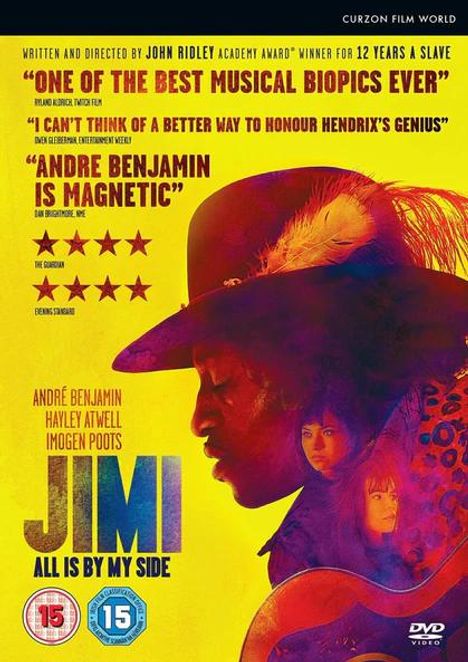 „One of the best musical biopics ever“, „Andre Benjamin is magnetic“, „Jimi: All is by My Side“. André Benjamin im Profil mit Gitarre.