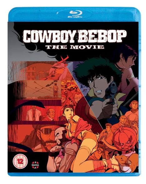 "Cowboy Bebop: The Movie"; Illustration zeigt Charaktere in dynamischen Posen; Sci-Fi-Anime-Stil; ab 12 Jahren.