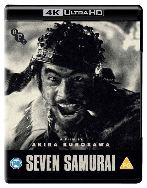 "4K Ultra HD, A FILM BY AKIRA KUROSAWA, SEVEN SAMURAI, PG." Schwarz-weißes Porträt eines kämpfenden Samurai.