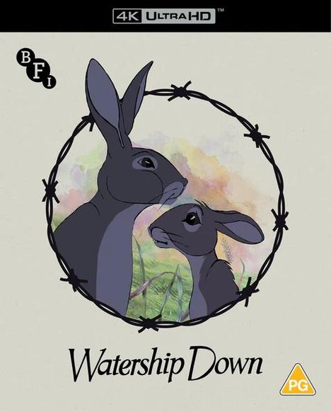 "Watership Down", zwei Hasen in einem Kreis aus Stacheldraht, BFI-Logo oben links, PG-Logo unten rechts.