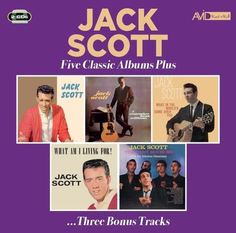 "JACK SCOTT Five Classic Albums Plus ...Three Bonus Tracks." Fünf Vintage-Alben-Covers von Jack Scott darunter.