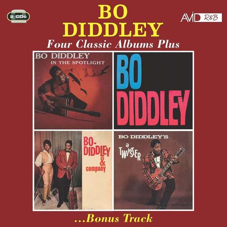 "BO DIDDLEY Four Classic Albums Plus ...Bonus Track" zeigt vier Albumcover auf rotem Hintergrund mit Gitarre.