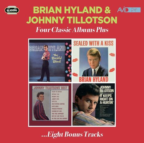 "BRIAN HYLAND & JOHNNY TILLOTSON Four Classic Albums Plus" zeigt vier Alben-Cover, oben ein Logo "2 CDs".