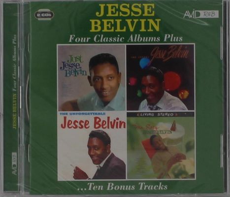 "Jesse Belvin: Four Classic Albums Plus ...Ten Bonus Tracks" in grünem Rahmen, Albumcover-Collage mit Porträts.