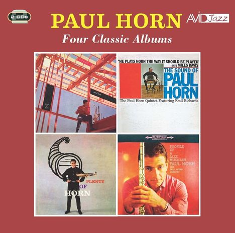 "PAUL HORN Four Classic Albums" oben, vier Albumcover darunter, ein Mann mit Instrument. Jazz-Stil.