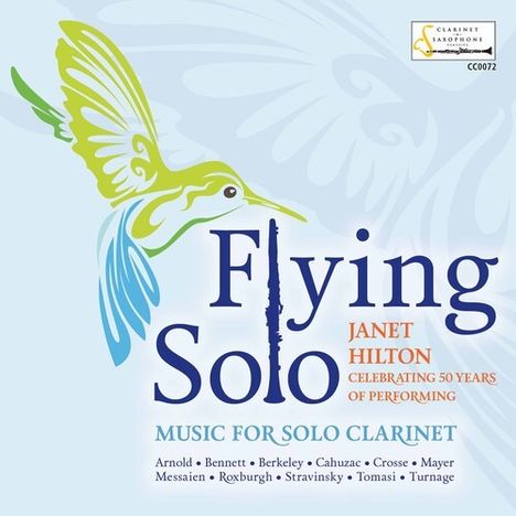 „Flying Solo“, Janet Hilton: 50 Jahre Auftritte. Musik für Klarinette. Illustration: Kolibri in Grün und Blau.