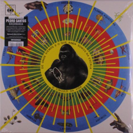 Text: "De onde viemos e o que ainda somos na escala. O circulo da vida." Illustration: Gorilla in der Mitte, umgeben von Tieren.