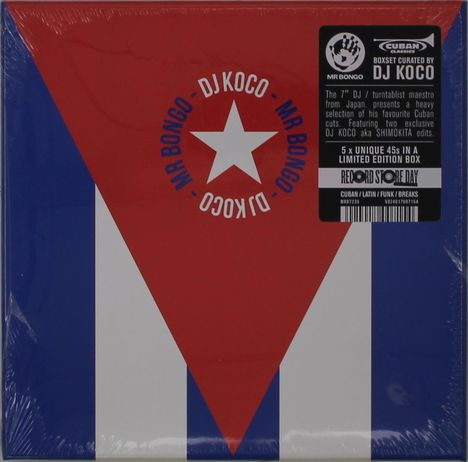 Texte: "BOXSET CURATED BY DJ KOCO", "5 x UNIQUE 45s IN A LIMITED EDITION BOX". Gestaltung einer kubanischen Flagge mit Logo.
