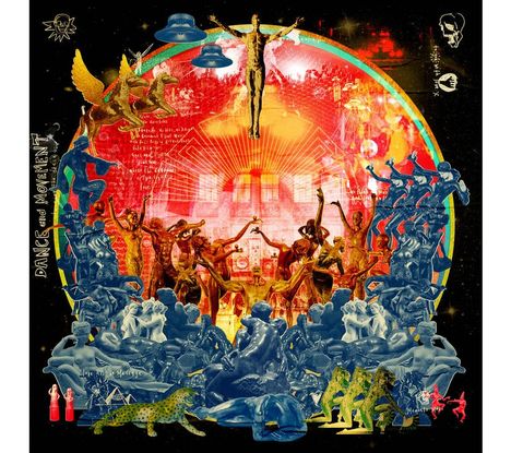 Texte links: "DANCE and MOVEMENT". Bunte Illustration von tanzenden Figuren, umgeben von farbenfrohen Elementen.