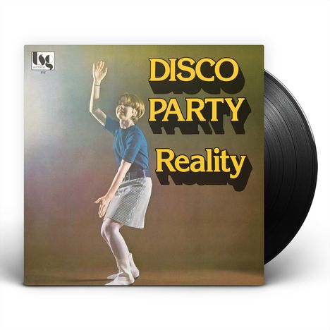 Text: "DISCO PARTY Reality". 
Eine Person in blauer Bluse tanzt lächelnd vor einem schlichten Hintergrund.