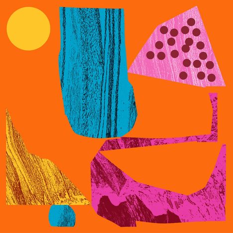Keine Texte erkennbar. Abstrakte Illustration mit bunten geometrischen Formen auf orangefarbenem Hintergrund.