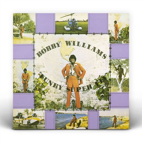 "Bobby Williams Funky Super" in der Mitte; umgeben von Fotos eines Mannes in rotem Anzug vor verschiedenen Hintergründen.