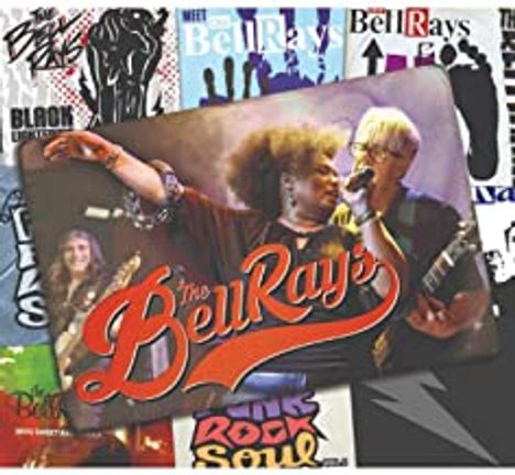 „The BellRays“ ist in auffälliger Schrift überlagert von einem dynamischen Bild einer Band mit einer Sängerin und Gitarristen.